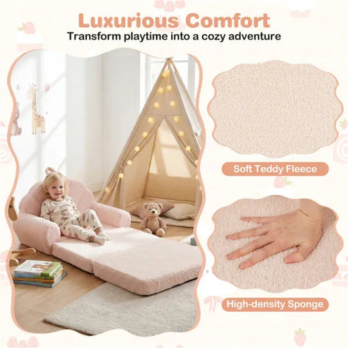 2-in-1 Flip Open Kids Sofa Lounger, Teddy Fleece Toddler Couch With