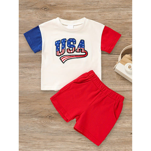 Infant Baby Boy 4th Of July Outfit Set USA Letter Print Color Block